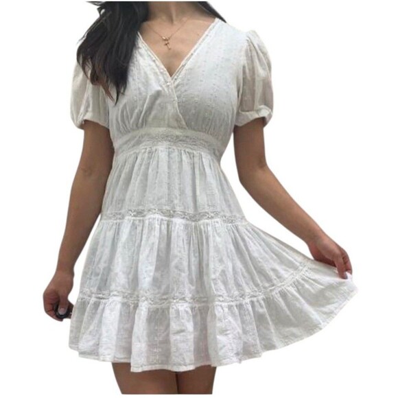 Zara WHITE LACE INSERT DRESS WITH BALLON SLEEVES MEDIUM cottate core mini Size M - Picture 2 of 14